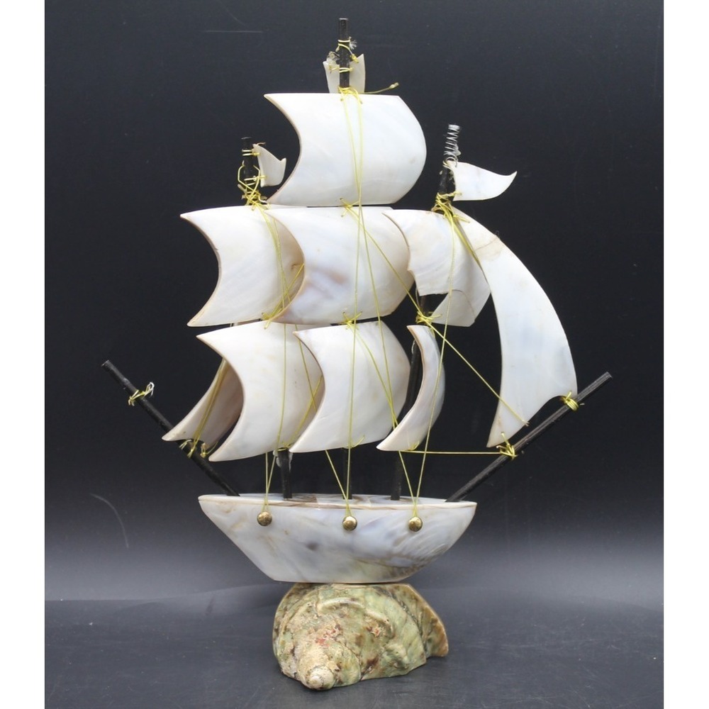 Handmade Seashell Sailing Ship Sculpture Shell Art Nautical Folk Art 11"